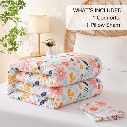 Yibeizi Floral Comforter Set for Girls Twin, Kids Cute Printed Bedding Set with Pillow Sham, Lightweight Soft Breathable Machine Washable Quilted Bed Comforter Set 2 Piece Yibeizi
