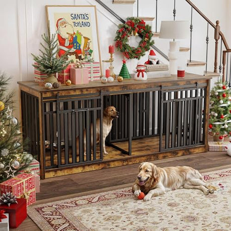 YITAHOME 71 Inch Double Dog Crate Furniture for 2 Dogs, Heavy Duty Wooden Dog Crate TV Stand with 4 Dog Bowls, Dog Kennel Indoor Furniture Sliding Barn Door Design for Extra Large Dogs, Rustic Brown YITAHOME