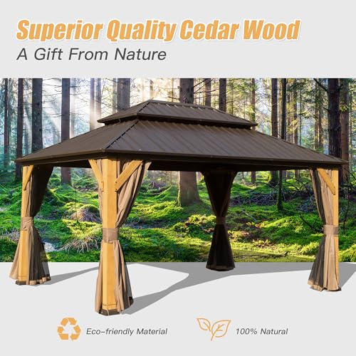 Domi 10x14FT Cedar Wood Gazebo, Solid Wood Hardtop Gazebo with Galvanized Steel Double Roof, Netting & Curtains, Outdoor Gazebo for Patio, Backyard, Deck, Lawns - WoodArtSupply