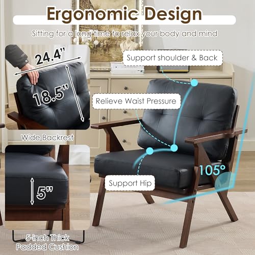 STHOUYN Black Leather Office Accent Chair Set of 2, Office Lounge Chair with Wooden Arms, Mid Century Modern Chair, Side Arm Chairs for Living Room, Comfy Guest Waiting Room Chairs (2, Black) STHOUYN