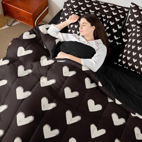 Erosebridal Black White 7 Pcs Comforter Set King Bed in a Bag,Cute Heart Pattern Bedding Set for Kids Boys Girls Valentine Day Quilt Cartoon Love Geometric Duvet Insert Love Heart Flat Fitted Sheet Erosebridal