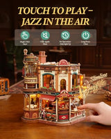 ROKR Moving Dream Coffee Factory DIY Miniature House Kit - 3D Wooden Puzzles for Adults with Music Box & LED Lights, No Glue Kinetic Model Building Kit, Unique Home Decor Gifts for Adults Women Men