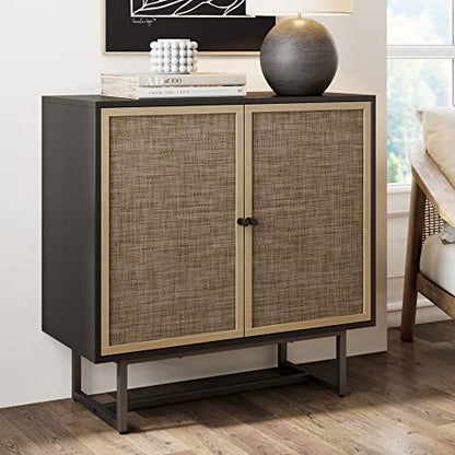 Nathan James Accent Boho Modern Free Standing Buffet Sideboard Hallway, Entryway, Dining Living Room, 1 Storage Cabinet, Black Oak/Cane - WoodArtSupply