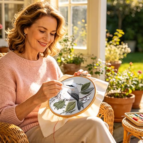 FONNUY Wild Birds Embroidery Kit, Pre-Stamped Green Tree Bird Patterns Kits for Adults and Beginners, Handmade DIY Crafts Set, Color Thread Needlework, 8'' Hoop (Chubby Little Bird)
