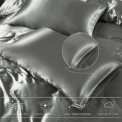 Vonty 3-Piece Silky Satin Duvet Cover Set King Size Duvet Cover, Organic Natural 400TC Grey Duvet Cover Set - Luxury & Sexy Bedding Duvet Covers with Zipper Closure(No Comforter) Vonty