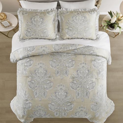 CROSCILL King Comforter Set, Luxe Chenille Jacquard Floral Medallion, Microfiber Twill Comforter for a King-Size Bed, Oversized Comforter King Bedding, 2 Shams & Bedskirt, Loretta, Beige 4 Piece Croscill