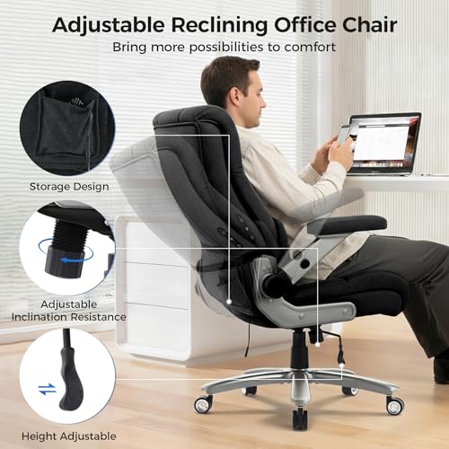 600LBS Big and Tall Massage Office Chair, Extra Wide Seat - 3D Kneading Massage & Heat Office Chair with Heavy Duty Metal Base, 3D Flip Arms, Fabric Ergonomic with Thick Spring Cushion CHAIRKER