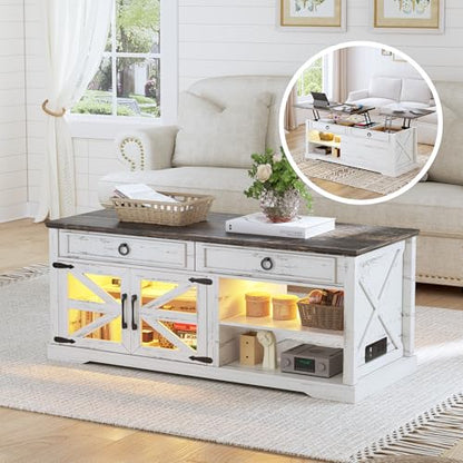 Lvifur 48" Farmhouse Lift Top Coffee Table with LED Lights & Charging Station, Living Room Center Table with 2 Hidden Storage Compartments, Lifting Tabletop and Adjustable Shelf (White) - WoodArtSupply