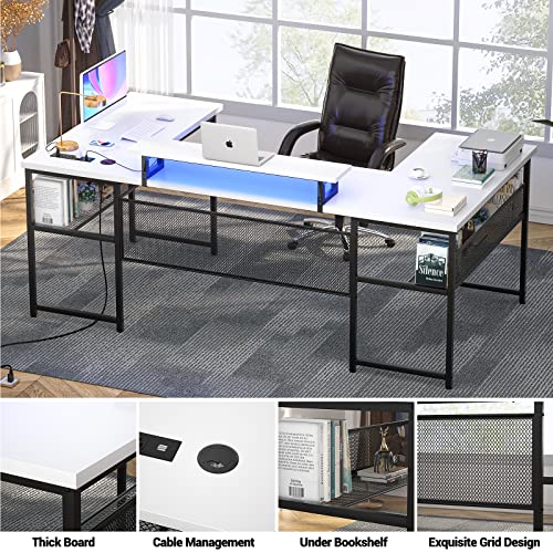 Unikito U Shaped Computer Desk with LED Strip and Power Outlets, Reversible Large Office Desk with Monitor Stand and Storage Shelves, 2 Person L Shaped Gaming Table, 83 Inch U Shape Corner Desk, White