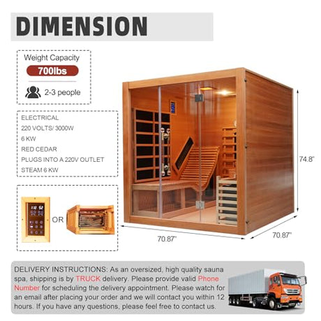 amocane Infrared & Steam Dual-System Sauna Room, 2-3 Person Canadian Red Cedar Wood Sauna with Recliner, Indoor Traditional Home Saunas Spa with 9 Heaters & 6KW Sauna Stove, Oxygen Bar amocane