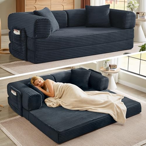 AUGOP Boneless Couch Folding Couches for Living Room Sofa, Futon Sofa Bed with Sleeper Sofa, Futon Couch with Fixed-Shape Oversized Corduroy Upholstered (Dark Gray, 81 Inches) AUGOP
