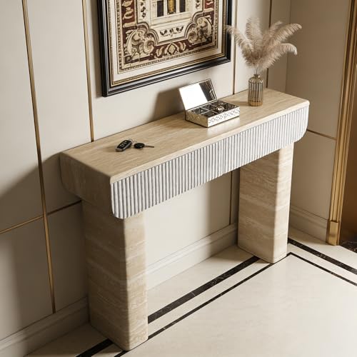 Mcltopz 47.2" Faux Mars Marble Pattern Console Table with 2 Drawers, Skinny Long Sofa Table Behind Couch with Rounded Edges, Wooden Narrow Sofa Table Hall Table for Living Room Foyer Entrance, Marble Mcltopz