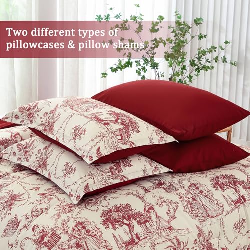 Xruibed Red Comforter Set King 7 Piece Bed in a Bag Toile de Jouy Botanical Comforter with Sheet Set Soft Micorfiber Bedding Set (1 Comforter,2 Pillow Shams,1 Flat Sheet,1 Fitted Sheet,2 Pillowcases) Xruibed