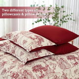 Xruibed Red Comforter Set King 7 Piece Bed in a Bag Toile de Jouy Botanical Comforter with Sheet Set Soft Micorfiber Bedding Set (1 Comforter,2 Pillow Shams,1 Flat Sheet,1 Fitted Sheet,2 Pillowcases) Xruibed