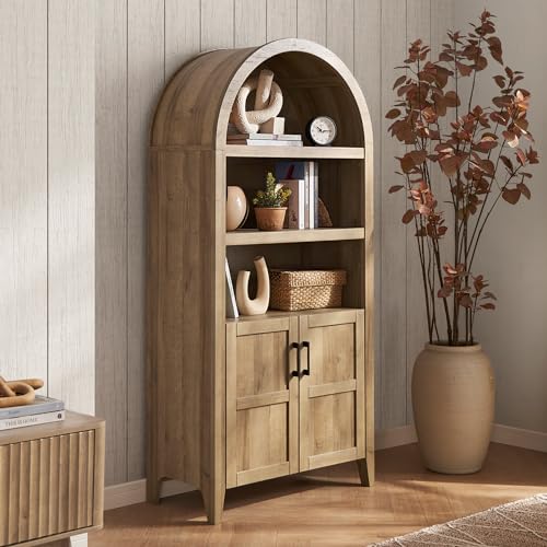 mopio Lauren 65.4" Short Arched Cabinet, 5-Tier Arched Bookcase with Doors and Shelves, Mini Arched Bookshelf with Storage, Kitchen Pantry Cabinet, Wooden Storage Cabinet for Living Room (Oak) mopio