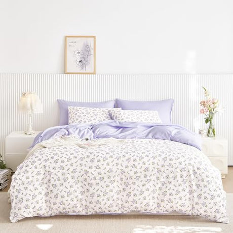 Wake In Cloud - Floral Comforter Set with Sheets, Coquette Cottagecore Aesthetic Flower Shabby Chic Pattern for Women Teen Girls, 5 Pieces Bed in a Bag, White Purple, Twin Size Wake In Cloud