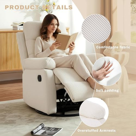 GAOHAPY Rocking Recliner Chair,Modern Swivel Glider Recliner Chair,Corduroy Fabric Upholstery Recliner,Manual Reclining Sofa Chair for Living Room,Office,Apartment (Beige) GAOHAPY