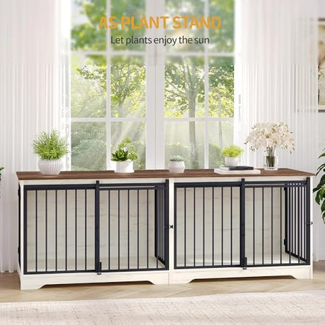 Hzuaneri 78" Dog Crate Furniture for 2 Dogs, Double Dog Cage with Divider, Wooden Heavy Duty Dogs Kennel, Pet Cage with Barn Door, TV Stand for Large Small Medium Dogs, White Brown DFC83714BV1 Hzuaneri