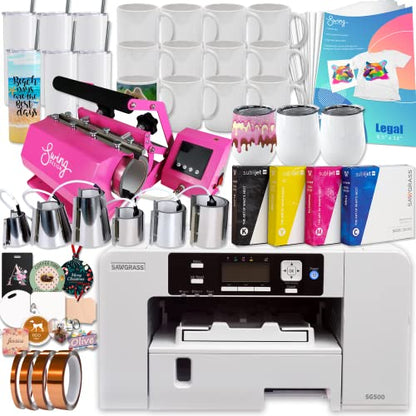 Sawgrass UHD Virtuoso SG500 Sublimation Printer Bundle with Inks, Pink 7-in-1 Heat Press, Sublimation Paper, Tape, Blanks, Designs, Exclusive Content,White