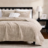 WDCOZY Velvet Twin Size Quilt Set - Beige Striped Pick Stitch Soft Lightweight Bedspread, Neutral Channel Farmhouse Country Rustic Coverlet, Modern Bedding Warm Thin Comforter, 3 Pieces WDCOZY