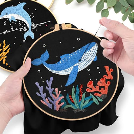 ERKOON 4 Set Embroidery Kit for Beginners, Cross Stitch Set Include Embroidery Cloth Hoops Threads for Craft Lover Hand Stitch with Embroidery Skill Techniques (Marine Animals) ERKOON