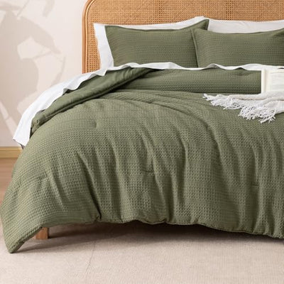 PHF Soft Waffle Comforter Set King Size- Comfy Breathable Waffle Weave Comforter with 2 Pillow Shams, 3 Pieces Less Snagging Lightweight Textured Bedding Set for All Season, Olive Green