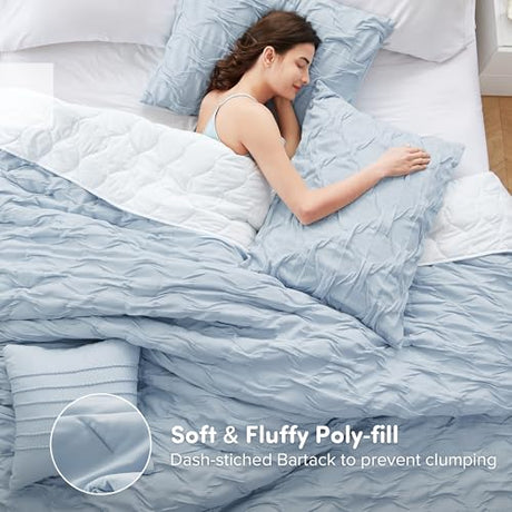 Comfort Spaces Comforter for King Size Bed, Ogee Ruched with Crinkle Texture, Breathable Comforter Set King, All Season Lightweight Bedding Set, Shams, Décor Pilow, King/Cal King Blue 4 Piece Comfort Spaces