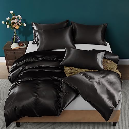 Horbaunal 5 Pieces Satin Duvet Cover Set Queen/Full Size Black Duvet Cover with Corner Ties & Zipper Closure, Luxury & Silky Bedding Set, 1 Duvet Cover and 4 Pillowcases (No Comforter) Horbaunal