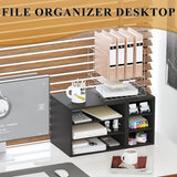 MARTY Printer Stand with Storage for Desk Large Desktop Printer Stand Shelf Riser with 6 Storage Compartments Wood Desk Paper Organzier File Organizer for Home/Office, Black MARTY