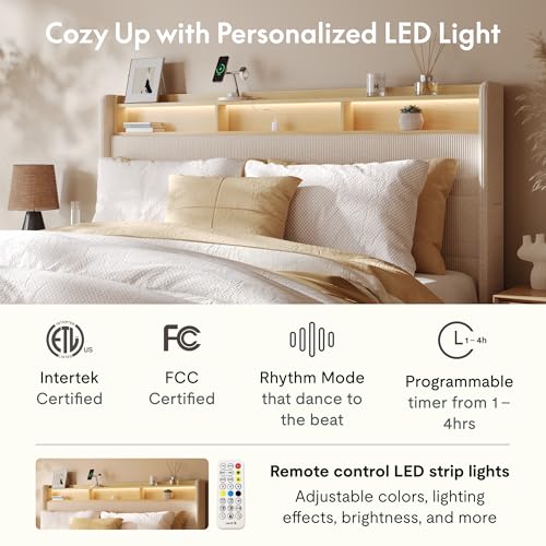 FLEXISPOT 51” King Bed Frame with LED Lights, Charging Station & Storage Shelf, Elegant Corduroy Upholstered Platform Bed with Tall Wingback Headboard, No Box Spring Needed, Beige FLEXISPOT