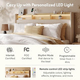 FLEXISPOT 51” King Bed Frame with LED Lights, Charging Station & Storage Shelf, Elegant Corduroy Upholstered Platform Bed with Tall Wingback Headboard, No Box Spring Needed, Beige FLEXISPOT