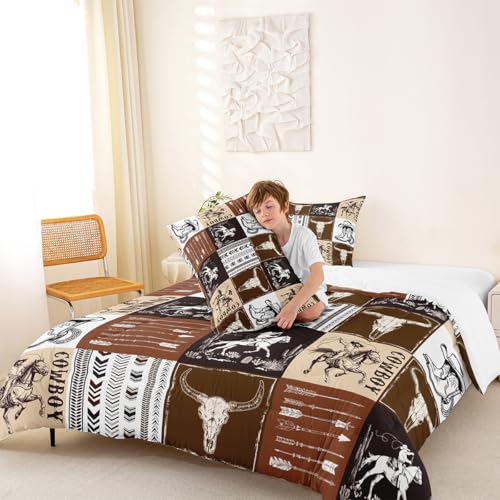 Cowboy Comforter Set Full Size,Southwestern Aztec Country Horse Bedding Set 3pcs,Rustic Ranch Retro Animal Down Comforter,Brown Patchwork Farmhouse Bed Set for Kids Boys Teens,2 Pillowcases,No Sheets Manfei