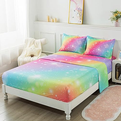 ADASMILE A & S Rainbow Fitted Bed Sheet for Kids 4 Pieces Rainbow Sheets Queen for Girls Pink Glitter Tie Dye Pastel Bed Set (1 Flat Sheet + 1 Deep Pocket Fitted Sheet and 2 Pillowcases) Bedroom Decor ADASMILE A & S