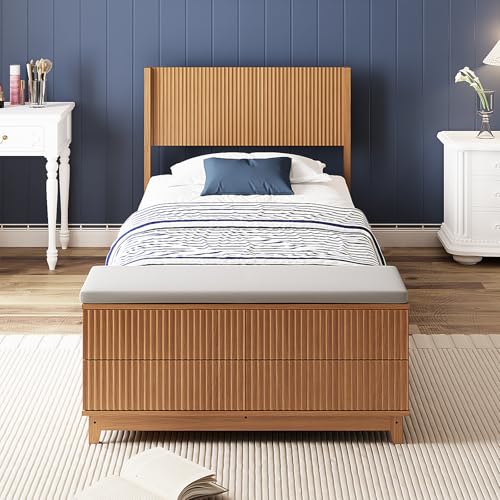 VINGLI Fluted Twin Bed Frame with Wingback Headboard and Footboard Storage Bench,Boho Wooden Single Platform Panel Bed with 4 Drawers,Mid-Century Modern Sleign Bed,Oak VINGLI