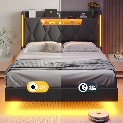 Queen Bed Frame with Headboard,Bed Frame Queen Size with LED Lights & Charging Station,Floating Queen Bed Frame with Storage Openable Marshmallow Headboard,No Box Spring Needed,Noise-Free,Dark Gray BYSAUD