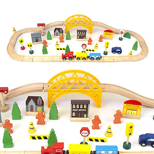 60Pcs Train Set for 3 Year Old Boys, Double-Side Wooden Train Set Tracks for Toddlers, Fits Brio, Thomas, Melissa and Doug, Kids Wood Train Toys for 3 4 5 Year Old Boys and Girls (Yellow) KIDS TOYLAND