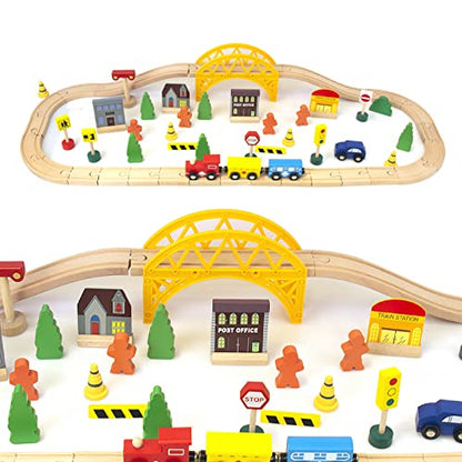 60Pcs Train Set for 3 Year Old Boys, Double-Side Wooden Train Set Tracks for Toddlers, Fits Brio, Thomas, Melissa and Doug, Kids Wood Train Toys for 3 4 5 Year Old Boys and Girls (Yellow) - WoodArtSupply