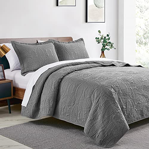 Love's cabin King Size Quilt Set Grey Bedspreads - Soft Bed Summer Lightweight Bedspread Comforter - Modern Style Coin Pattern Coverlet for All Season - 3 Pieces (1 Quilt, 2 Pillow Shams) Love's cabin