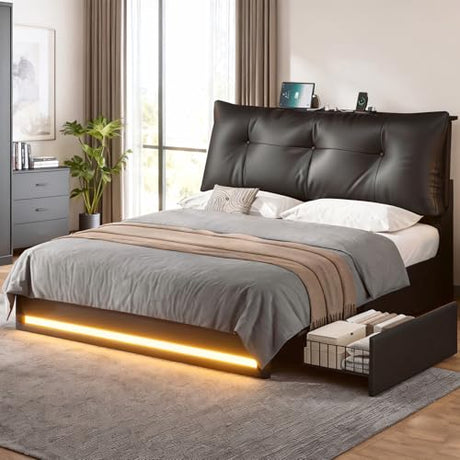 AOGLLATI Upholstered Queen Bed Frame with RemovableThick Backrest Headboard, Led Bed Frame Queen Size with 4 Storage Drawers and Charging Station, No Spring Box Needed, Black AOGLLATI