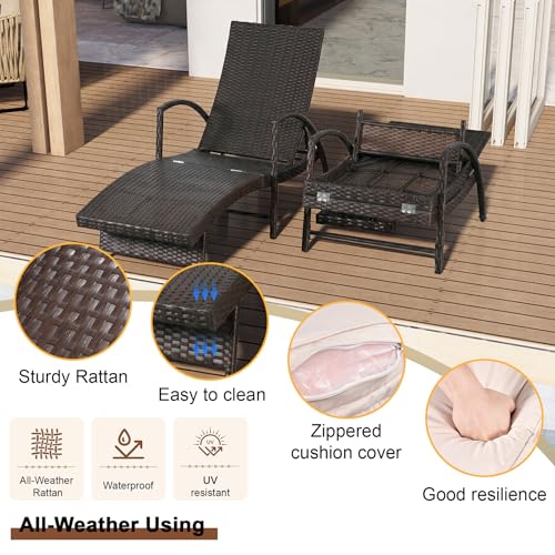 Chaise Lounge Chairs Set of 2, 6-Position Adjustable Outdoor Recliner with Side Table & Wheel,All-Weather PE Rattan Wicker Patio Lounge Chair With Removable Cushion for Poolside Backyard Beach (Beige)