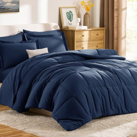 CozyLux Full Size Comforter Sets Navy Blue - 7 Pieces Bed in a Bag Full, Oeko-Tex Certified Bed Set, All Season Soft Bedding Set with Down Alternative Comforter, Sheets, Pillowcases & Pillow Shams CozyLux