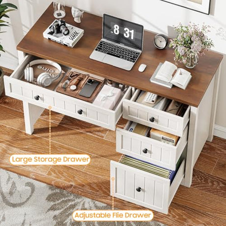 Vabches Farmhouse Executive Desk with 4 Drawers, Home Office Desk with File Drawer, Wood Computer Desk with Storage, Rustic Office Desk for Work Study Writing, Brown White Vabches