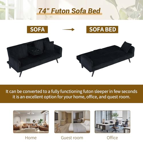 72" Modern Corduroy Sofa Bed Futon,Convertible Sleeper Couch Bed with Cup Holder,4 Reclining Positions,Folding Sofa Cloud Loveseat for Small Living Room Apartment Office (Black-New) Majnesvon