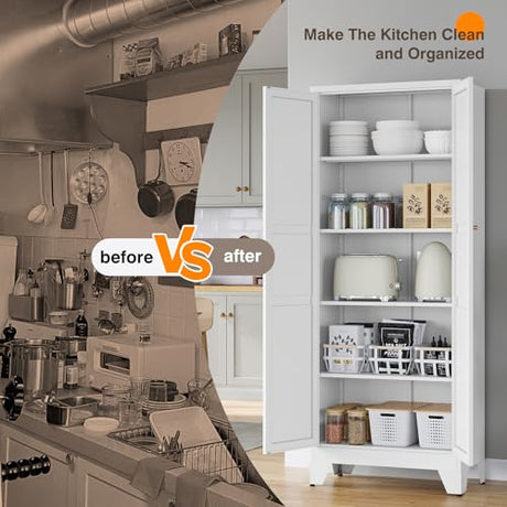 Yizosh Metal Pantry Cabinet, 75" Kitchen Pantry with 2 Door and 4 Adjustable Shelves,White Metal Pantry Storage Cabinet,Cupboard for Kitchen,Dining Room,Living Room and Bathroom Yizosh