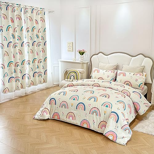 Btargot Lightweight Soft 3 Piece Rainbow Comforter Set with 2 Pillow Covers, Cartoon Love Hearts Flowers and Grass Bedding Set for Girls Boys Kids, Full Multi-Color Btargot