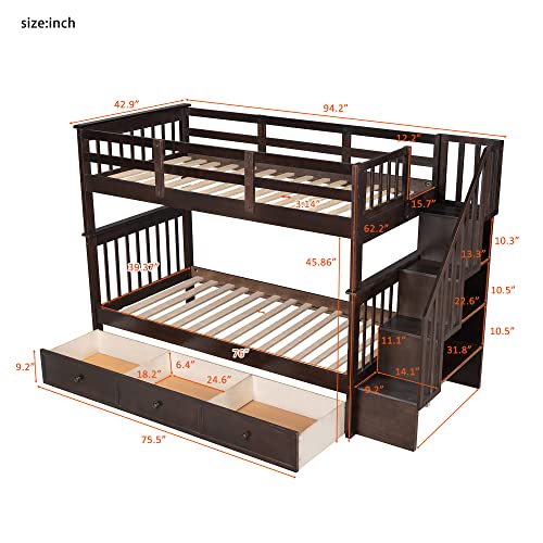 Harper & Bright Designs Twin Over Twin Bunk Bed with Stairs and Drawers, Solid Wood Stairway Bunk Bed with Storage for Kids Teens Adults, Bedroom, Dorm (Espresso) Harper & Bright Designs