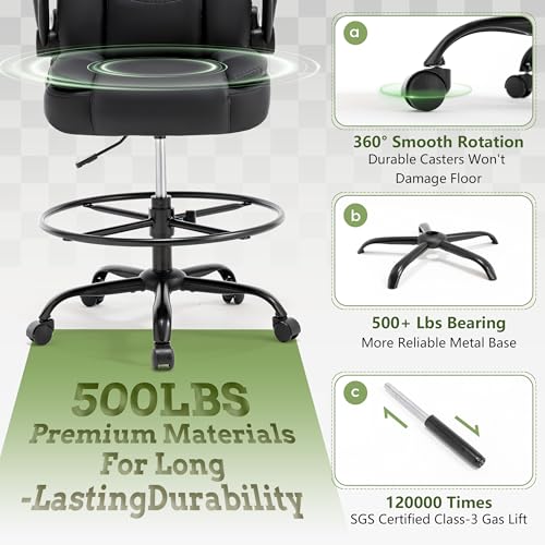 500LBS Drafting Chair, High Back Safer Standing Desk Chair, Executive Tall Office Chair with Flip-up Armrests, Upholstered PU Leather Task Chair, Ergonomic Seat with Adjustable Height&Foot Ring, Black Sofetura
