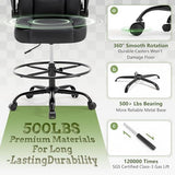 500LBS Drafting Chair, High Back Safer Standing Desk Chair, Executive Tall Office Chair with Flip-up Armrests, Upholstered PU Leather Task Chair, Ergonomic Seat with Adjustable Height&Foot Ring, Black Sofetura