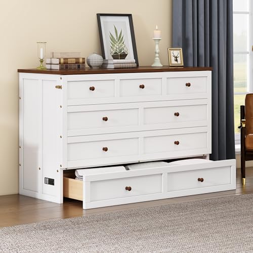 Merax Modern Farmhouse Solid Wood Murphy Bed Chest/Space Saving/Wood Slat Support/Queen,White+Walnut Merax