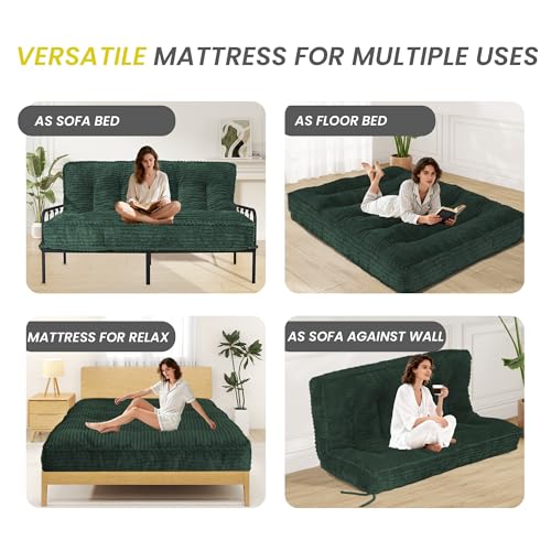 8 Inches Futon Mattress Queen Size, Futon Sofa Couch Bed with Straps, Thick Corded Fabric Floor Futon Mattress for Adults, Sleeping Mat Foldable Mattress for Camping, Green(Frame Not Included) Bliss Homey